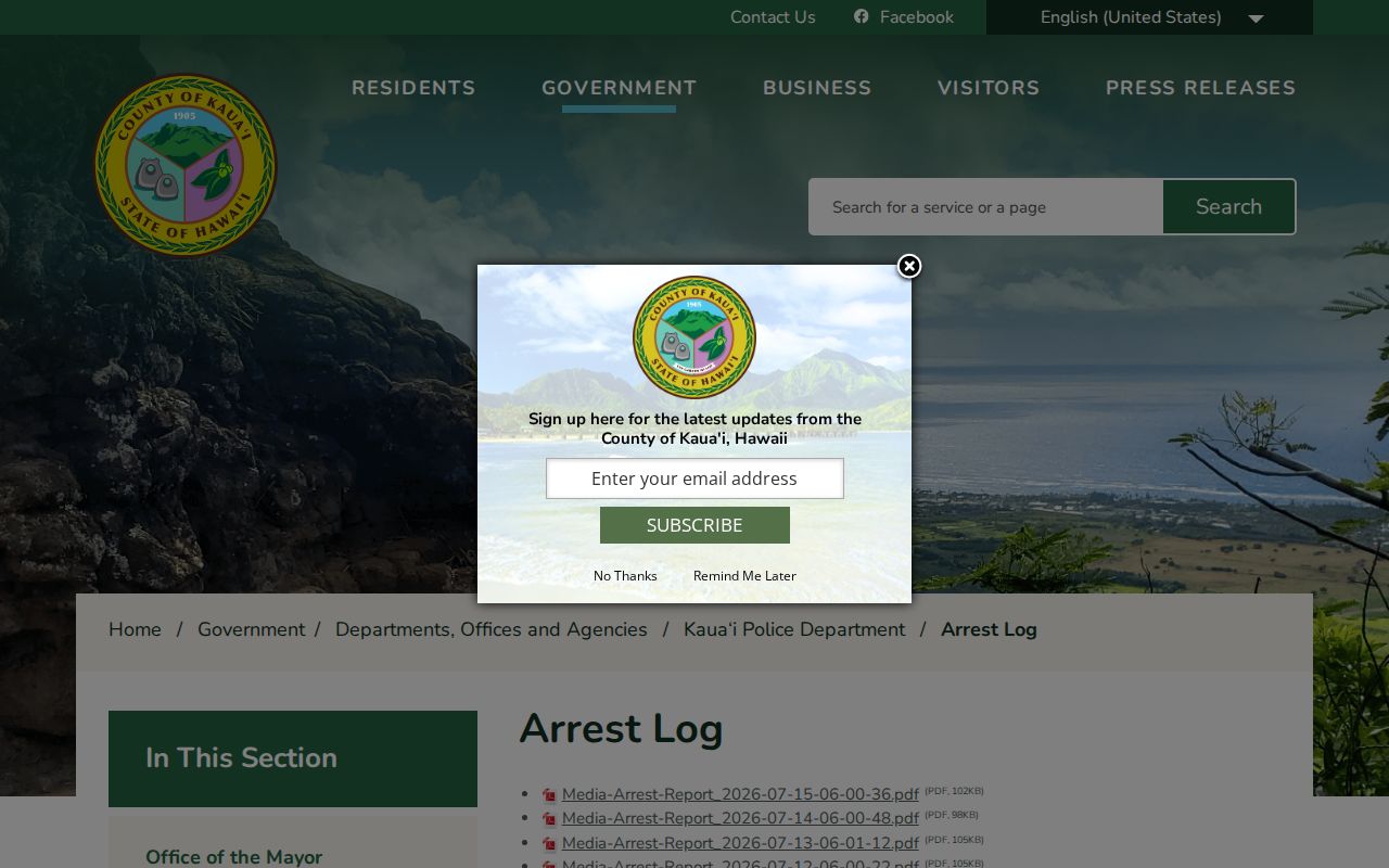 Kauai Police Department Arrest Log page