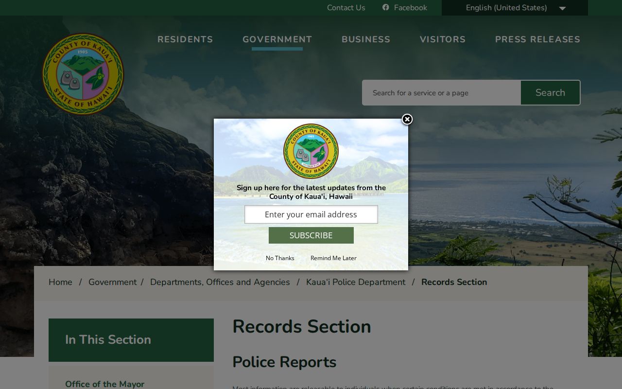 KPD Records Section page for requesting a booking photograph