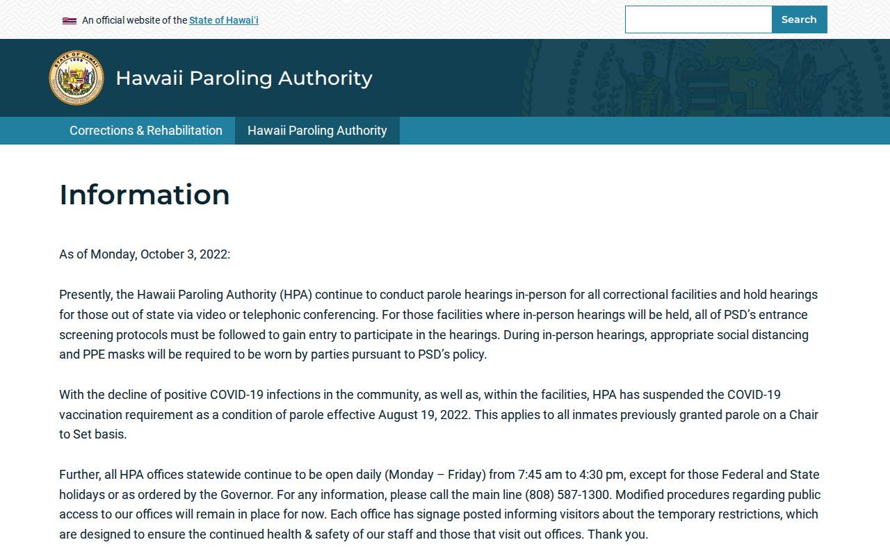 Hawaii Paroling Authority official page for Kauai parole records