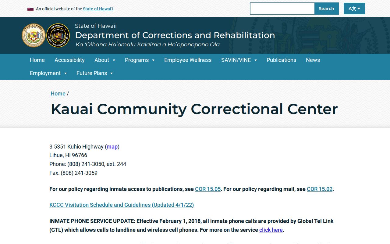 Hawaii DCR Kauai Community Correctional Center page