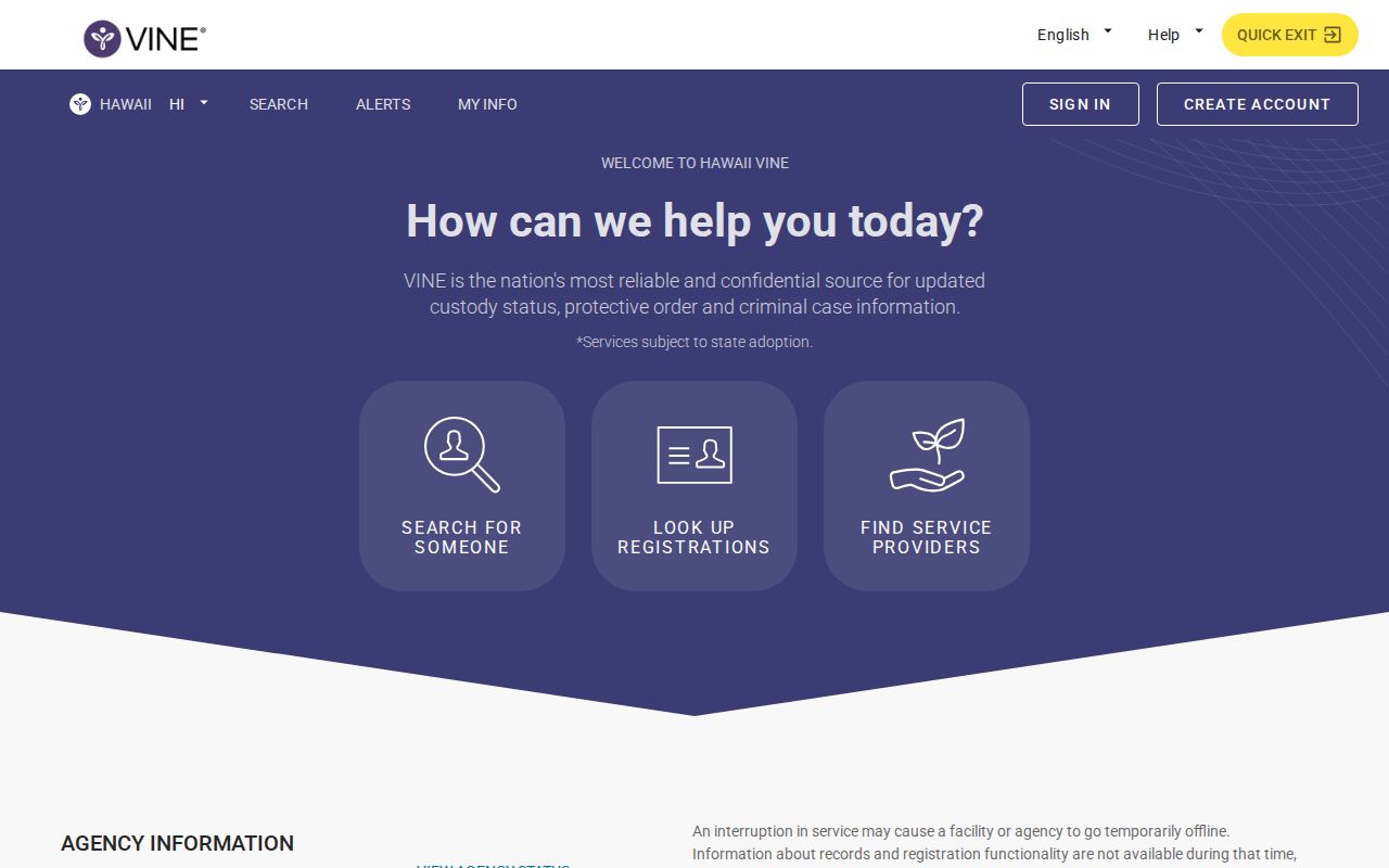 Hawaii VINELink custody search landing page